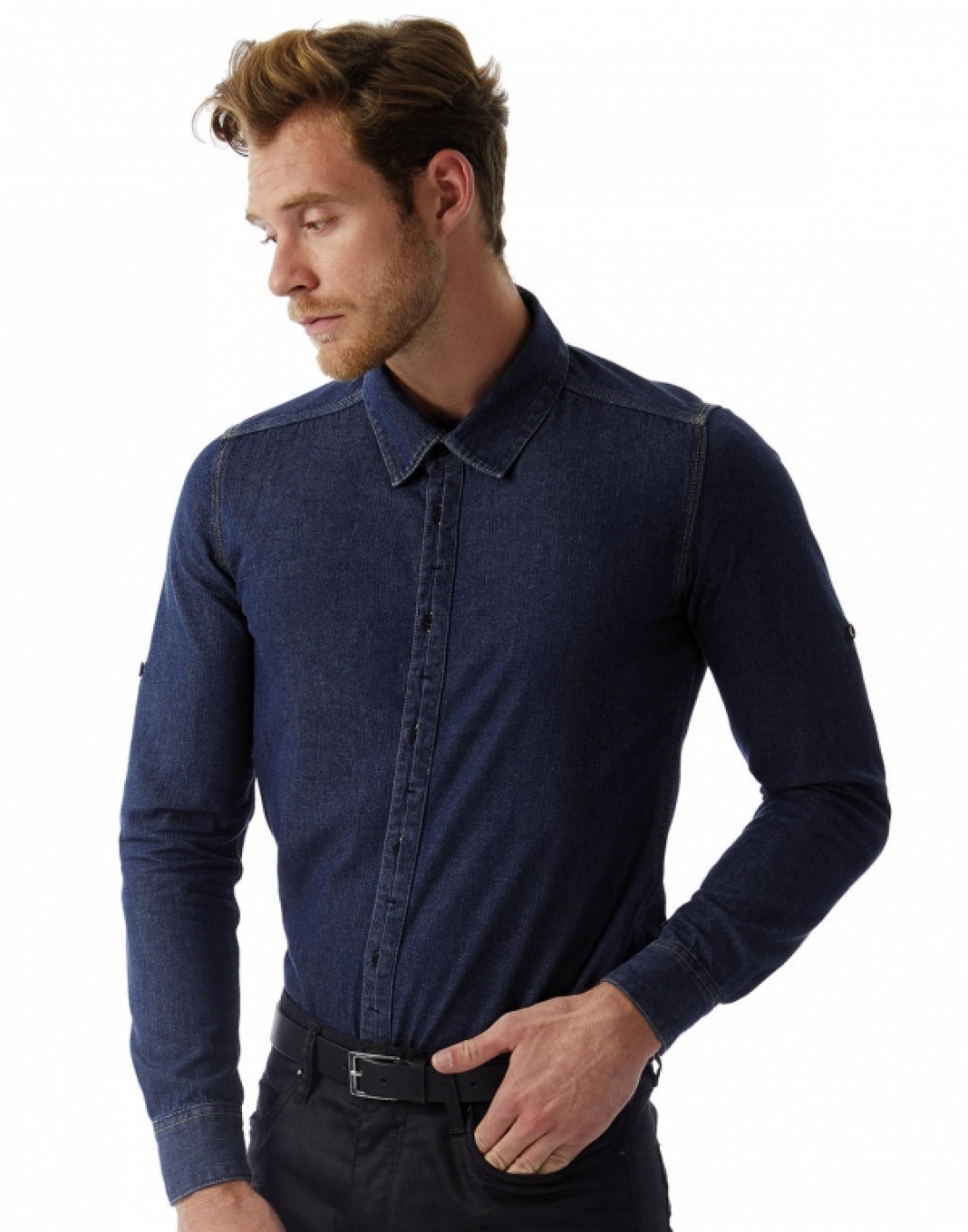 Camasa ospatar sau barman din denim cu maneca lunga, model barbat Camasa ospatar sau barman din denim cu maneca lunga, model barbat
