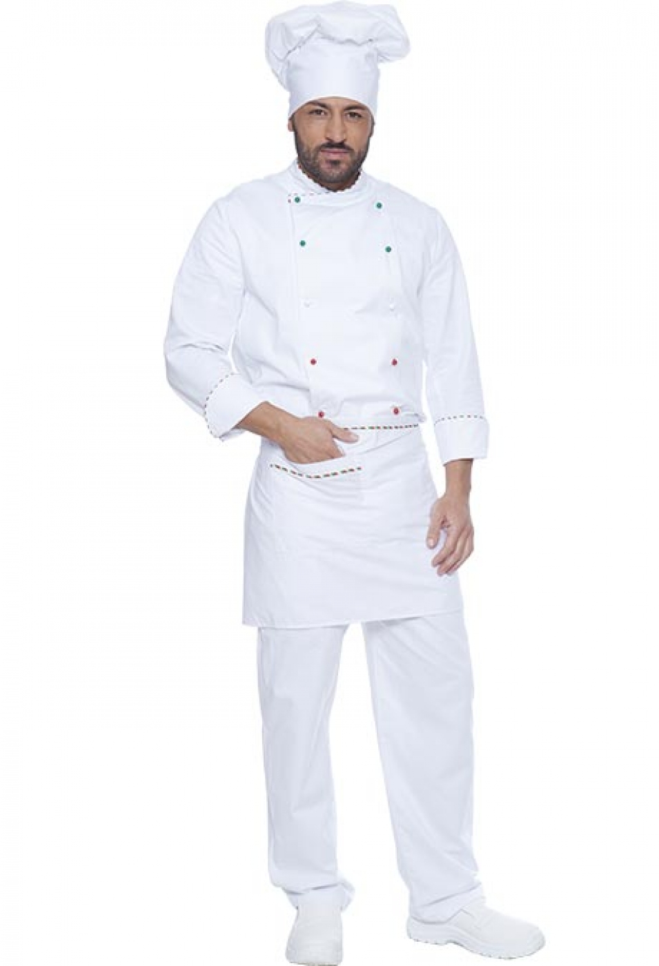 Uniforma bucatar pizzar, tunica asimetrica cu vipusca si butoni, pantaloni, sort si toca, unisex