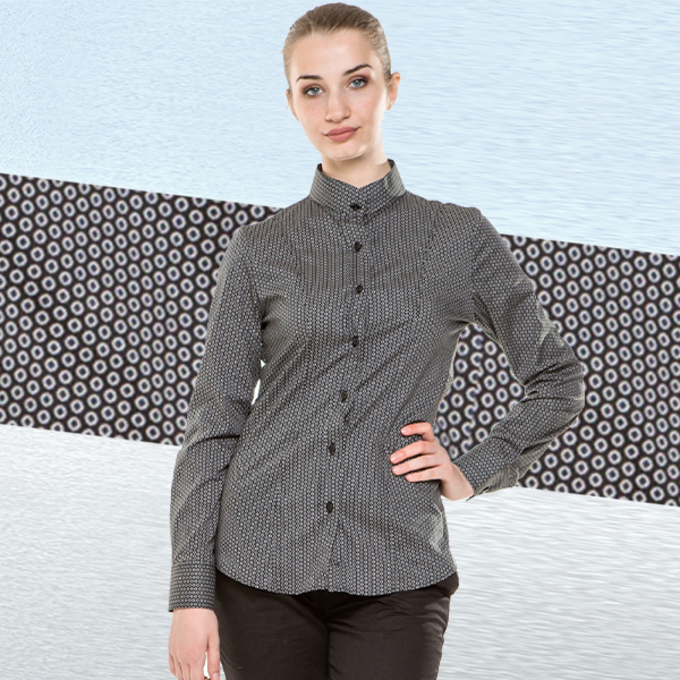 UniformeBucatari.ro - Camasa ospatar sau barman, cu guler tunica, model slim fit, de dama