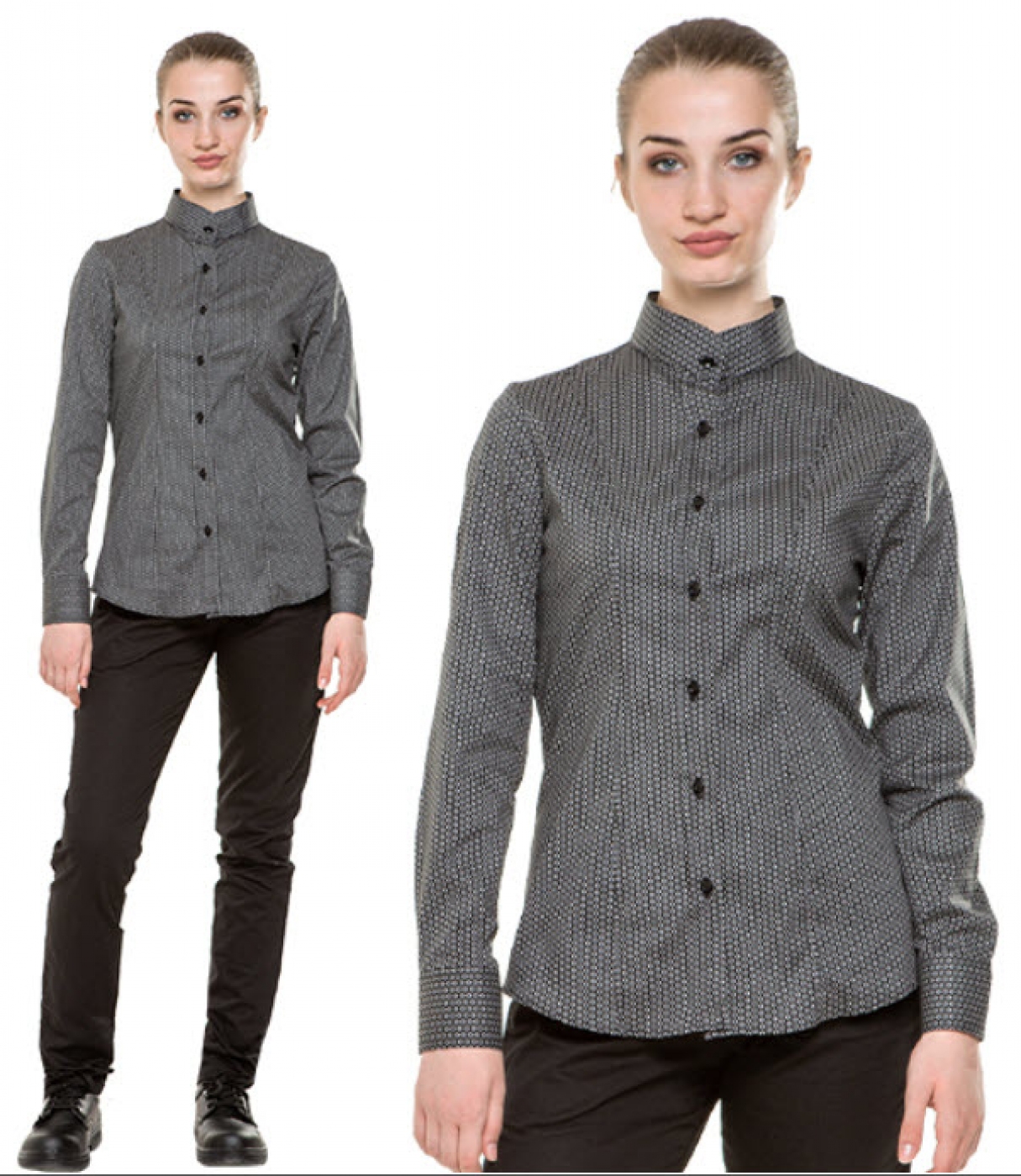 UniformeBucatari.ro - Camasa ospatar sau barman, cu guler tunica, model slim fit, de dama