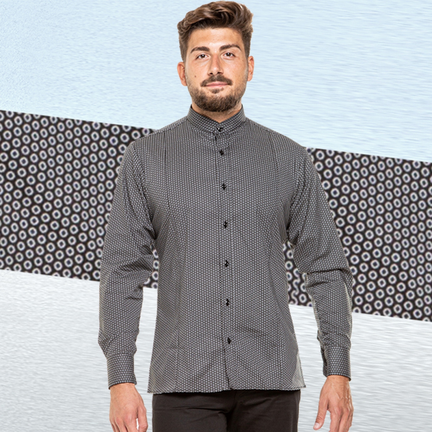 UniformeBucatari.ro - Camasa ospatar sau barman, cu guler tunica, model slim fit, barbat