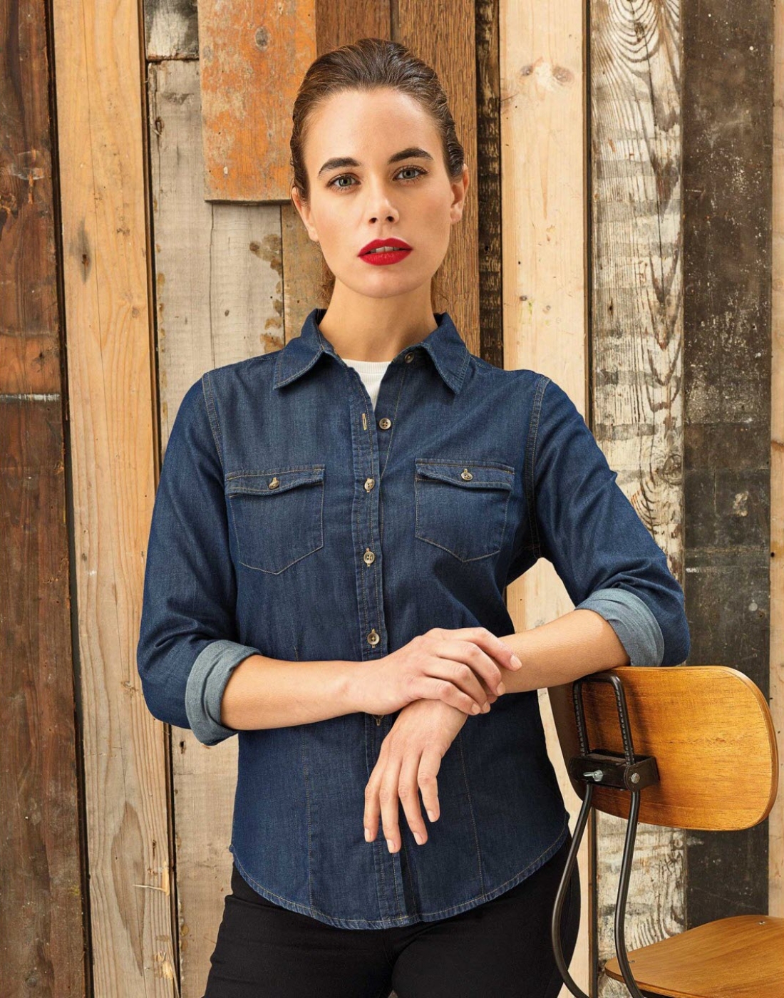 Uniforme Ospatari - Camasa jeans cu maneca lunga si buzunare pe piept, de dama