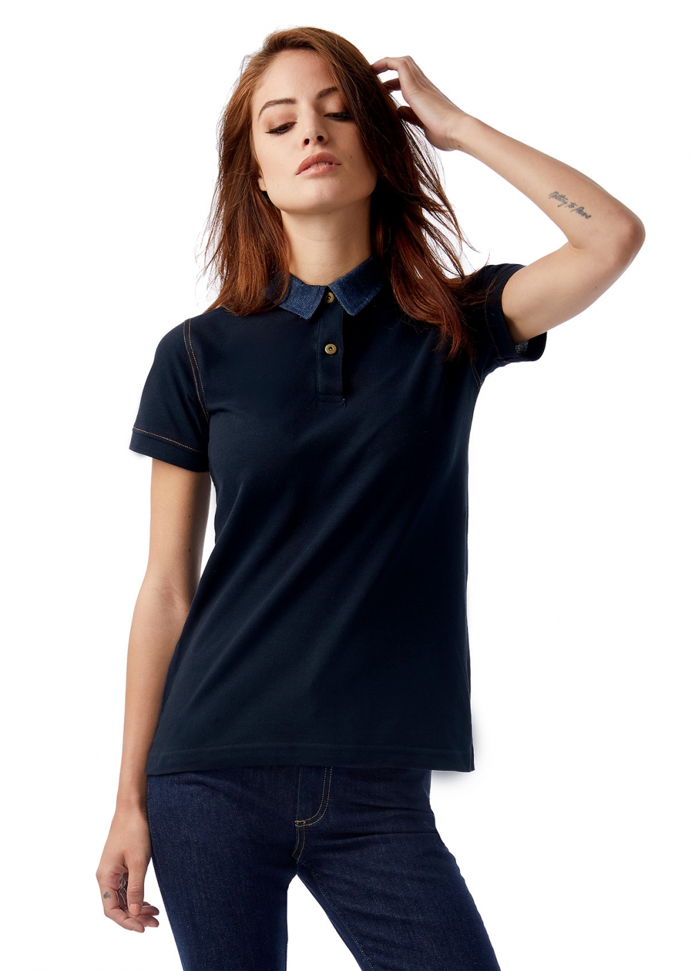Uniforme Ospatari - Tricou ospatar, model polo cu guler jeans, nasturi metalici, de dama