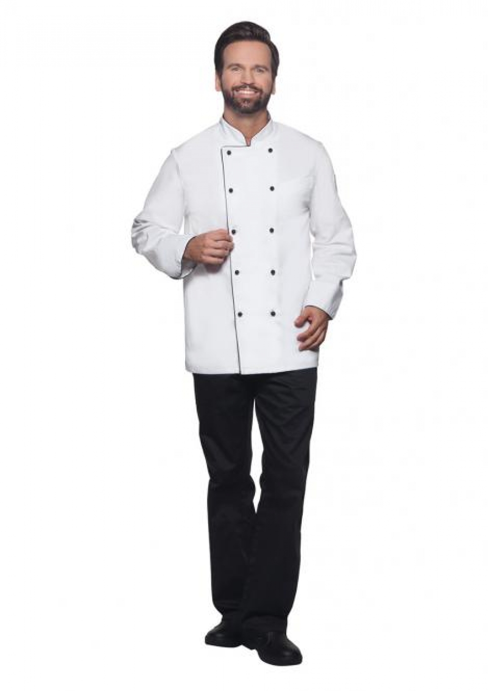 Costum bucatar bicolor, tunica cu maneca lunga, vipusca, butoni si pantaloni, de barbat